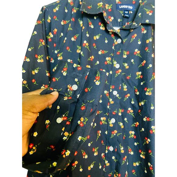 Lands' End Womens Floral Button Up Shirt Long Sleeve Navy Blue 100% Cotton 14P - Picture 5 of 7